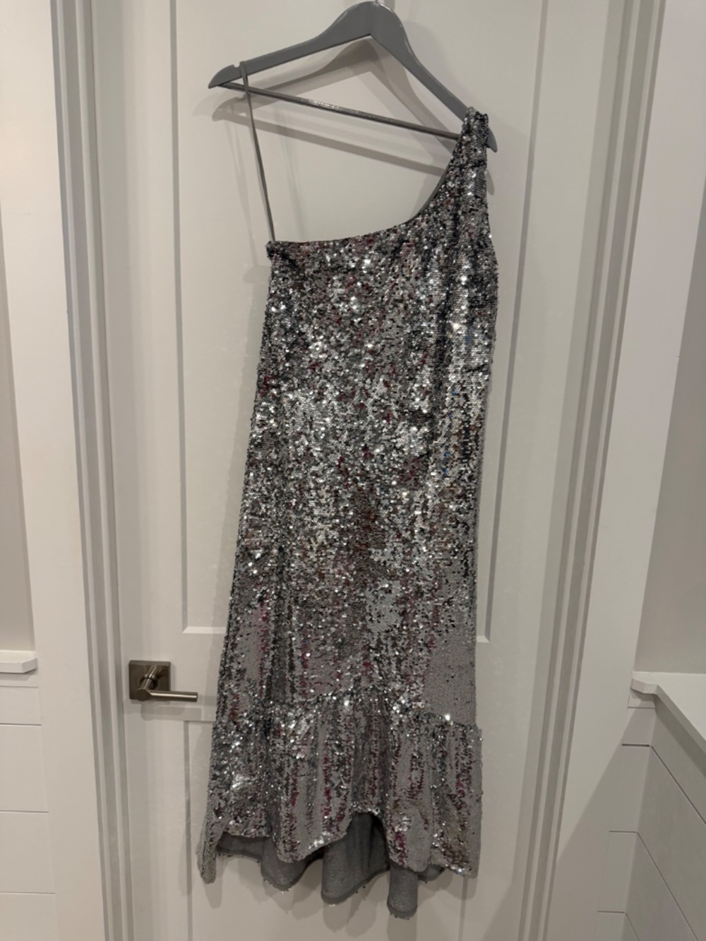 Maeve Anthropologie Shimmering Sequin Silver One Shoulder Dress X-Small